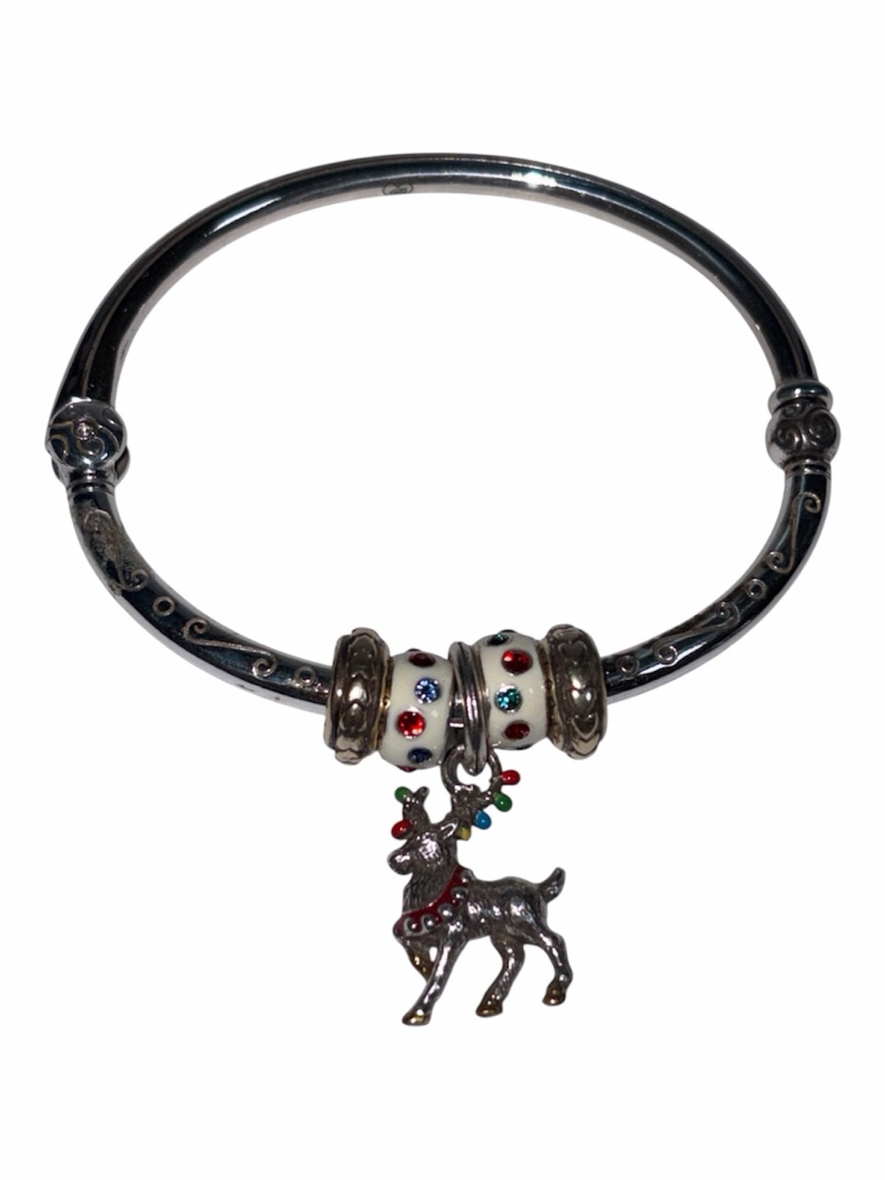 Brighton Hinged Bangle Christmas Holiday Bracelet Enamel Reindeer + Beads